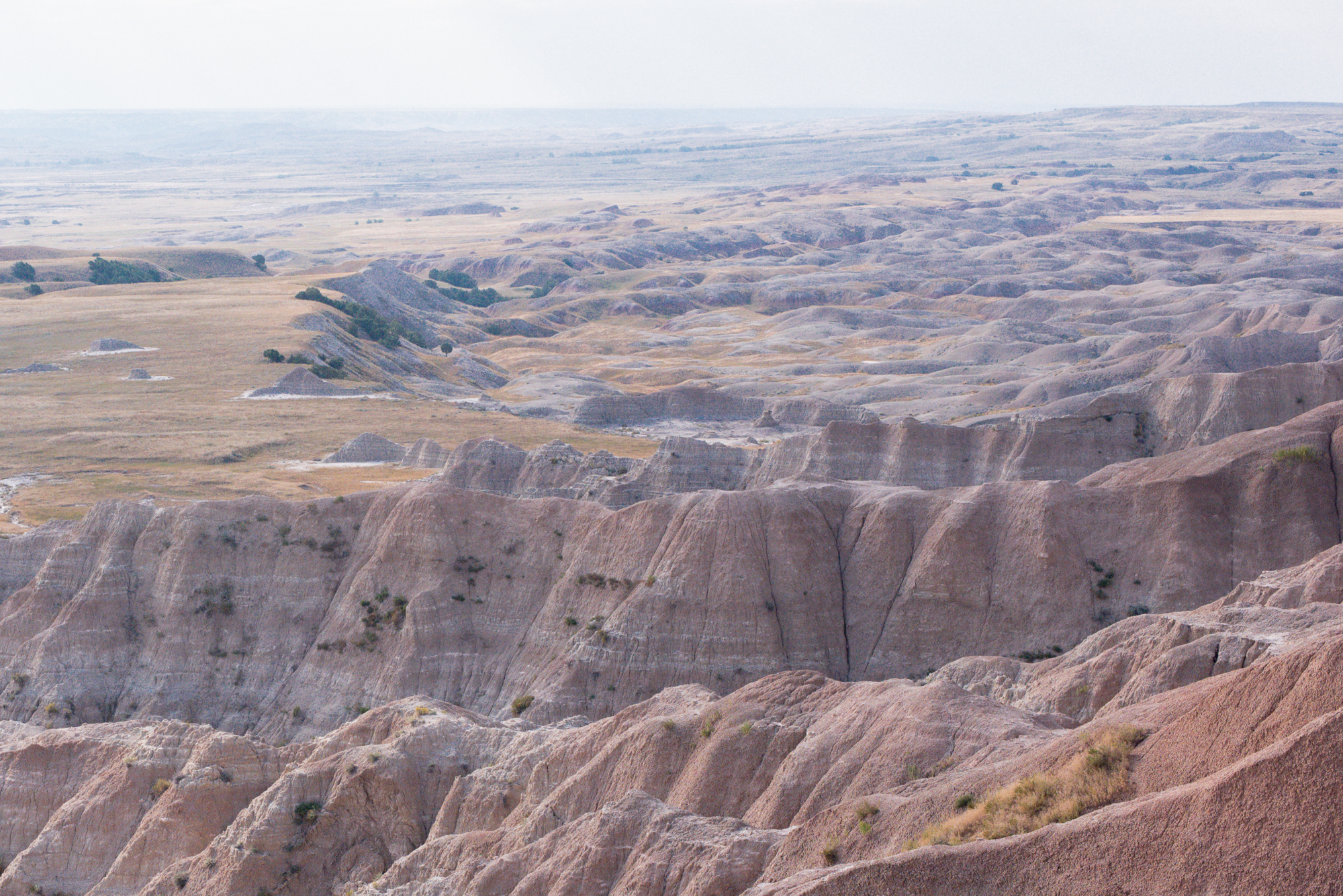 Layers of rock and grassland at Badlands National Park