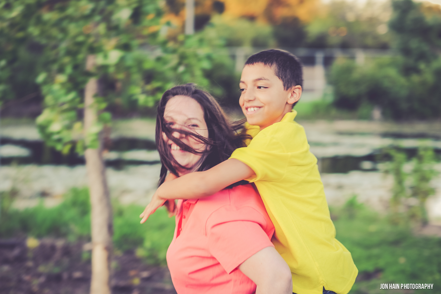 Mother and son running for fun