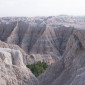 Forest tucked between striped rock formations at Badlands National Park